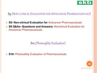 S9 (NON-CLINICAL EVALUATION FOR ANTICANCER PHARMACEUTICALS)
 S9- Non-clinical Evaluation for Anticancer Pharmaceuticals
 S9 Q&As- Questions and Answers: Nonclinical Evaluation for
Anticancer Pharmaceuticals
 S10- Photosafety Evaluation of Pharmaceuticals
S10 (Photosafety Evaluation)
24
Ashwini K. Bawankule
 