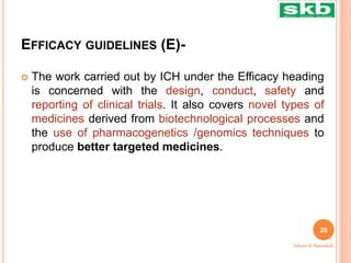 EFFICACY GUIDELINES (E)-
 The work carried out by ICH under the Efficacy heading
is concerned with the design, conduct, safety and
reporting of clinical trials. It also covers novel types of
medicines derived from biotechnological processes and
the use of pharmacogenetics /genomics techniques to
produce better targeted medicines.
26
Ashwini K. Bawankule
 