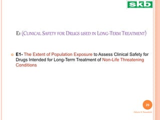 E1 (CLINICAL SAFETY FOR DRUGS USED IN LONG-TERM TREATMENT)
 E1- The Extent of Population Exposure to Assess Clinical Safety for
Drugs Intended for Long-Term Treatment of Non-Life Threatening
Conditions
29
Ashwini K. Bawankule
 