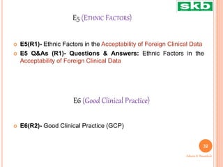 E5 (ETHNIC FACTORS)
 E5(R1)- Ethnic Factors in the Acceptability of Foreign Clinical Data
 E5 Q&As (R1)- Questions & Answers: Ethnic Factors in the
Acceptability of Foreign Clinical Data
 E6(R2)- Good Clinical Practice (GCP)
32
Ashwini K. Bawankule
E6 (Good Clinical Practice)
 
