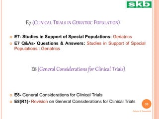 E7 (CLINICAL TRIALS IN GERIATRIC POPULATION)
 E7- Studies in Support of Special Populations: Geriatrics
 E7 Q&As- Questions & Answers: Studies in Support of Special
Populations : Geriatrics
 E8- General Considerations for Clinical Trials
 E8(R1)- Revision on General Considerations for Clinical Trials
33
Ashwini K. Bawankule
E8 (General Considerations for Clinical Trials)
 