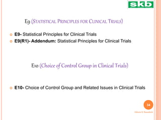 E9 (STATISTICAL PRINCIPLES FOR CLINICAL TRIALS)
 E9- Statistical Principles for Clinical Trials
 E9(R1)- Addendum: Statistical Principles for Clinical Trials
 E10- Choice of Control Group and Related Issues in Clinical Trials
34
Ashwini K. Bawankule
E10 (Choice of Control Group in Clinical Trials)
 