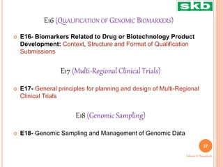 E16 (QUALIFICATION OF GENOMIC BIOMARKERS)
 E16- Biomarkers Related to Drug or Biotechnology Product
Development: Context, Structure and Format of Qualification
Submissions
 E17- General principles for planning and design of Multi-Regional
Clinical Trials
 E18- Genomic Sampling and Management of Genomic Data
37
Ashwini K. Bawankule
E17 (Multi-Regional Clinical Trials)
E18 (Genomic Sampling)
 