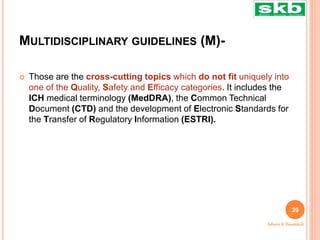 MULTIDISCIPLINARY GUIDELINES (M)-
 Those are the cross-cutting topics which do not fit uniquely into
one of the Quality, Safety and Efficacy categories. It includes the
ICH medical terminology (MedDRA), the Common Technical
Document (CTD) and the development of Electronic Standards for
the Transfer of Regulatory Information (ESTRI).
39
Ashwini K. Bawankule
 