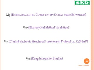 44
Ashwini K. Bawankule
M10 (Bioanalytical Method Validation)
M11 (Clinical electronic Structured Harmonised Protocol i.e., CeSHarP)
M12 (Drug Interaction Studies)
M9 (BIOPHARMACEUTICS CLASSIFICATION SYSTEM-BASED BIOWAIVERS)
 