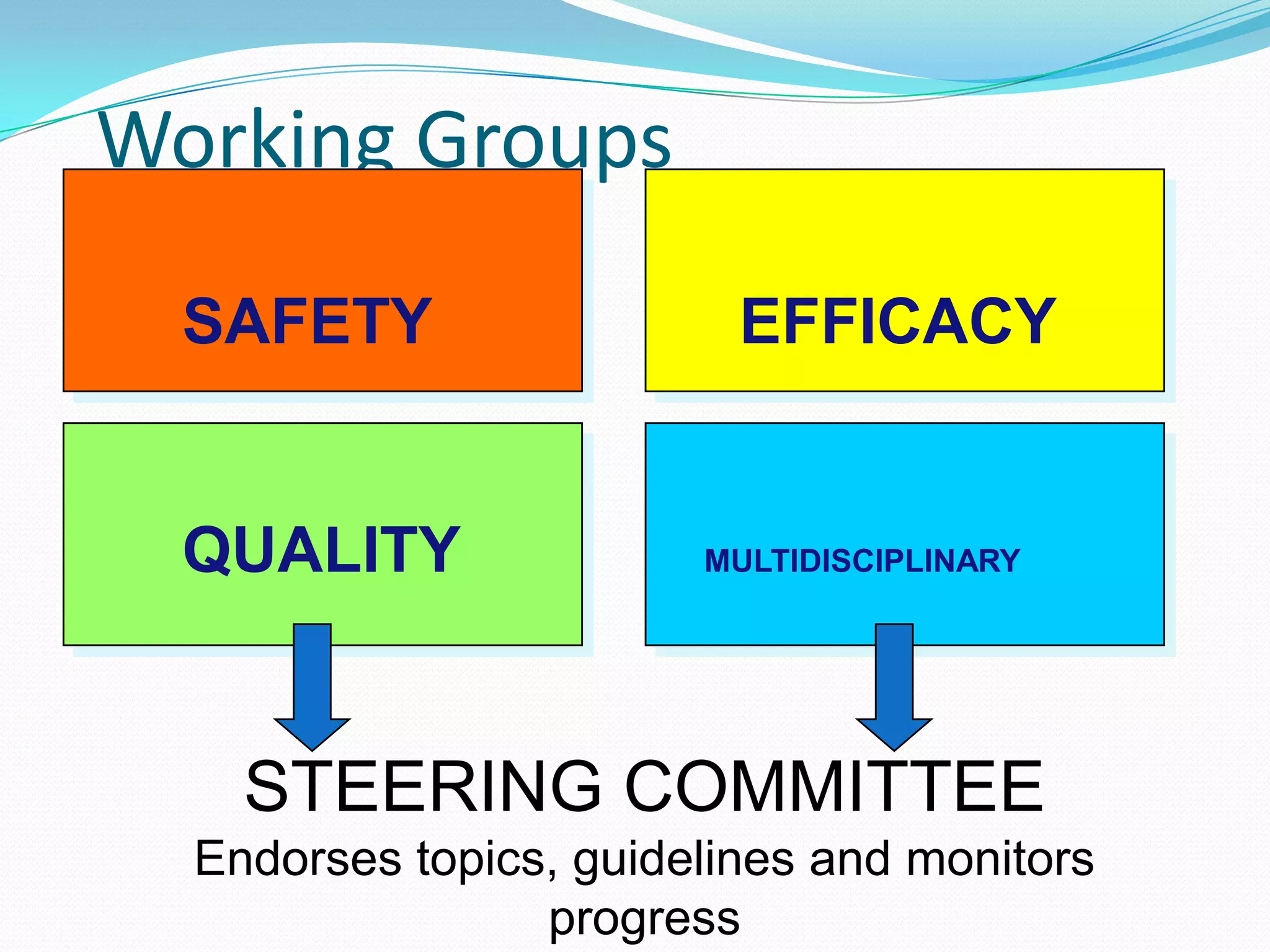 Working Groups
  SAFETY                  EFFICACY


  QUALITY               MULTIDISCIPLINARY




    STEERING COMMITTEE
  Endorses topics, guidelines and monitors
                 progress
 