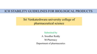 ICH STABILITY GUIDELINES FOR BIOLOGICAL PRODUCTS
Submitted by
A. Sreedhar Reddy
M-Pharmacy
Deportment of pharmaceutics
Sri Venkateshwara university college of
pharmaceutical science
 