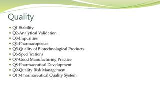 Quality
 Q1-Stability
 Q2-Analytical Validation
 Q3-Impurities
 Q4-Pharmacopoeias
 Q5-Quality of Biotechnological Products
 Q6-Specifications
 Q7-Good Manufacturing Practice
 Q8-Pharmaceutical Development
 Q9-Quality Risk Management
 Q10-Pharmaceutical Quality System
 