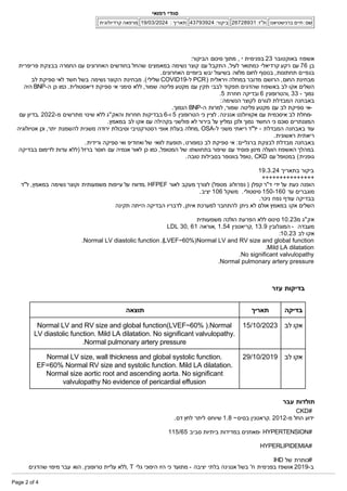 :‫הביקור‬ ‫סיכום‬ ‫מתוך‬ , ‫י‬ ‫בפנימית‬ 23 ‫באוקטובר‬ ‫אשפוז‬
‫פריפרית‬ ‫בבצקת‬ ‫החמרה‬ ‫עם‬ ‫האחרונים‬ ‫בחודשים‬ ‫שהחל‬ ‫במאמצים‬ ‫נשימה‬ ‫קוצר‬ ‫עם‬ ‫התקבל‬ ,‫לעיל‬ ‫כמתואר‬ ‫קרדיאלי‬ ‫רקע‬ ‫עם‬ 76 ‫בן‬
.‫האחרונים‬ ‫ביומיים‬ ‫יבש‬ ‫בשיעול‬ ‫מלווה‬ ‫לחום‬ ‫בנוסף‬ ,‫תחתונות‬ ‫בגפיים‬
‫לב‬ ‫ספיקת‬ ‫לאי‬ ‫חשד‬ ‫בשל‬ ‫נשימה‬ ‫הקוצר‬ ‫מבחינת‬ .(‫שלילי‬ COVID19­‫ל‬ PCR) ‫ויראלית‬ ‫במחלה‬ ‫מדובר‬ ‫הרושם‬ ,‫החום‬ ‫מבחינת‬
‫היה‬ BNP­‫ה‬ ‫כן‬ ‫כמו‬ .‫דיאסטולית‬ ‫ספיקת‬ ‫אי‬ ‫סימני‬ ‫ללא‬ ,‫שמור‬ ‫פליטה‬ ‫מקטע‬ ‫עם‬ ‫תקין‬ ‫לבבי‬ ‫תפקוד‬ ‫שהדגים‬ ‫באשפוז‬ ‫לב‬ ‫אקו‬ ‫השלים‬
.5 ‫חוזרת‬ ‫ובדיקה‬ 6 ‫והטרופונין‬, 33 ­ ‫נמוך‬
:‫הנשימה‬ ‫לקוצר‬ ‫לגורם‬ ‫המבדלת‬ ‫באבחנה‬
.‫הנמוך‬ BNP­‫ה‬ ‫למרות‬ ,‫שמור‬ ‫פליטה‬ ‫מקטע‬ ‫עם‬ ‫לב‬ ‫ספיקת‬ ‫­אי‬
‫עם‬ ‫בדיון‬. 2022­‫מ‬ ‫מתרשים‬ ‫שינוי‬ ‫ללא‬ ‫והאק"ג‬ ‫חוזרות‬ ‫בבדיקות‬ 6­‫ו‬ 5 ‫הטרופונין‬ ‫כי‬ ‫לציין‬ .‫אנגינה‬ ‫אקוויולנט‬ ‫עם‬ ‫איסכמית‬ ‫לב‬ ‫­מחלת‬
.‫במאמץ‬ ‫לב‬ ‫אקו‬ ‫עם‬ ‫בקהילה‬ ‫פולשני‬ ‫לא‬ ‫בירור‬ ‫על‬ ‫נמליץ‬ ‫ולכן‬ ‫נמוך‬ ‫החשד‬ ‫כי‬ ‫סוכם‬ ‫המצנתרים‬
‫אטיולוגיה‬ ‫וכן‬ ,‫יתר‬ ‫להשמנת‬ ‫משנית‬ ‫ירודה‬ ‫וסיבולת‬ ‫רסטרקטיבי‬ ‫אופי‬ ‫בעלת‬ ‫מחלה‬, OSA­‫ל‬ ‫משני‬ ‫ריאתי‬ ‫יל"ד‬ ­ ‫המבדלת‬ ‫באבחנה‬ ‫עוד‬
.‫ראשונית‬ ‫ריאתית‬
.‫ורידית‬ ‫ספיקה‬ ‫ואי‬ ‫ואזודיפ‬ ‫של‬ ‫לוואי‬ ‫תופעת‬ ,‫כמפורט‬ ‫לב‬ ‫ספיקת‬ ‫אי‬ :‫ברגליים‬ ‫לבצקת‬ ‫מבדלת‬ ‫באבחנה‬
‫בבדיקה‬ ‫לדימום‬ ‫עדות‬ ‫)ללא‬ ‫ברזל‬ ‫חוסר‬ ‫עם‬ ‫אנמיה‬ ‫לאור‬ ‫כן‬ ‫כמו‬ ,‫המטופל‬ ‫של‬ ‫בתחושתו‬ ‫שיפור‬ ‫עם‬ ‫פוסיד‬ ‫מינון‬ ‫הועלה‬ ‫האשפוז‬ ‫במהלך‬
.‫טובה‬ ‫בסבילות‬ ‫בוונופר‬ ‫טופל‬, CKD ‫עם‬ ‫במטופל‬ (‫גופנית‬
19.3.24 ‫בתאריך‬ ‫ביקור‬
+++++++++++++++
‫ל"ד‬ ,‫במאמץ‬ ‫נשימה‬ ‫וקוצר‬ ‫משמעותית‬ ‫עייפות‬ ‫על‬ ‫מדווח‬. HFPEF ‫לאור‬ ‫מעקב‬ ‫לצורך‬ (‫מטפל‬ ‫נפרולוג‬ ) ‫קפלן‬ ‫ד"ר‬ ‫ידי‬ ‫על‬ ‫כעת‬ ‫הופנה‬
.‫יציב‬ 106 ‫משקל‬ .‫סיסטולי‬ 150­160 ‫עד‬ ‫מוגברים‬
.‫ניכר‬ ‫נפח‬ ‫עודף‬ ‫בבדיקה‬
‫תקינה‬ ‫הייתה‬ ‫הבדיקה‬ ‫לדבריו‬ ,‫איתן‬ ‫למערכת‬ ‫להתחבר‬ ‫ניתן‬ ‫לא‬ ‫אולם‬ ‫במאמץ‬ ‫אקו‬ ‫השלים‬
‫משמעותית‬ ‫הולכה‬ ‫הפרעת‬ ‫ללא‬ ‫סינוס‬ 10.23‫מ‬ ‫אק"ג‬
LDL 30, 61 ‫אוראה‬, 1.54 ‫קריאטנין‬, 13.9 ‫המוגלובין‬ ­ ‫מעבדה‬
:10.23 ‫לב‬ ‫אקו‬
.Normal LV diastolic function.(LVEF~60%)Normal LV and RV size and global function
.Mild LA dilatation
.No significant valvulopathy
.Normal pulmonary artery pressure
‫עזר‬ ‫בדיקות‬
‫בדיקה‬
‫תאריך‬
‫תוצאה‬
‫לב‬ ‫אקו‬
15/10/2023
Normal LV and RV size and global function(LVEF~60% ).Normal
LV diastolic function. Mild LA dilatation. No significant valvulopathy.
.Normal pulmonary artery pressure
‫לב‬ ‫אקו‬
29/10/2019
Normal LV size, wall thickness and global systolic function.
EF=60% Normal RV size and systolic function. Mild LA dilatation.
Normal size aortic root and ascending aorta. No significant
valvulopathy No evidence of pericardial effusion
‫עבר‬ ‫תולדות‬
CKD#
.‫דם‬ ‫לחץ‬ ‫ליתר‬ ‫שיוחס‬ 1.8 ~‫בסיס‬ ‫קראטנין‬. 2012­‫מ‬ ‫החל‬ ‫ידוע‬
115/65 ‫סביב‬ ‫ביתיות‬ ‫במדידות‬ ‫­מאוזנים‬ HYPERTENSION#
HYPERLIPIDEMIA#
IHD ‫של‬ ‫כותרת‬#
‫שהדגים‬ ‫מיפוי‬ ‫עבר‬ ‫הוא‬ .‫טרופונין‬ ‫עליית‬ ‫ללא‬, T ‫גלי‬ ‫היפוכי‬ ‫היו‬ ‫כי‬ ‫מתועד‬ ­ ‫יציבה‬ ‫בלתי‬ ‫אנגינה‬ ‫בשל‬ '‫ח‬ ‫בפנימית‬ ‫אושפז‬ 2019­‫ב‬
‫רפואי‬ ‫סודי‬
‫ברנישטיאנו‬ ‫חיים‬ :‫שם‬
26728931 :‫ת"ז‬
43793924 :‫ביקור‬
19/03/2024 : ‫תאריך‬
‫קרדיולוגית‬ ‫מרפאה‬
Page 2 of 4
 