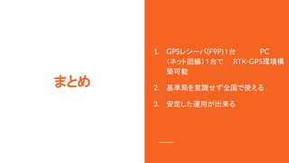 ޤȤ
1. GPS쥷`(F9P)̨PC
ͥåȻؾ̨ǡRTK-GPSh
B
2. ʾ֤Rȫʹ
3. ä
 