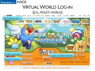 INSIDE	

                        VIRTUAL WORLD LOG-IN
                            (E.G., MOLE’S WORLD)	

All Products List




 Create an account	

                                         Log-in to Mole’s World	

 Notes for parents	

 