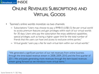 INSIDE	


                  ONLINE REVENUES: SUBSCRIPTIONS AND
                           VIRTUAL GOODS	
        •  Taomee’s online worlds monetize via two channels:	

                –  Subscriptions: “Users may choose to pay a RMB10 (US$1.5) fee per virtual world
                   to access premium features and gain privileges within each of our virtual worlds
                   for 30 days. Users who pay the subscription fee enjoy additional capabilities,
                   special privileges, such as having a higher upper limit for the total number of
                   friends that the users can have and access to exclusive online parties.”	

                –  Virtual goods: “users pay a fee for each virtual item within our virtual worlds.” 	



             “We generated a signiﬁcant portion of our net revenues from online business
             through the time-based revenue stream in 2008, 2009, 2010, and the ﬁrst quarter of
             2011. We anticipate generating more revenues through the item-based revenues
             stream going forward as we introduce more virtual items. “	




Source: Taomee Inc. F-1 SEC Filing 	

 