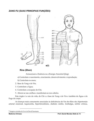 ZANG FU (SUAS PRINCIPAIS FUNÇÕES)




                                                    e(6)

                   Rins (Shen)
                            Armazenam a Essência ou a Energia Ancestral (Jing):
                a) Controlam o nascimento, crescimento, desenvolvimento e reprodução;
                b) Controlam os ossos;
            2. Base do Yang e do Yin;
            3. Controlam a Água;
            4. Controlam a recepção do Chi;
            5. Abrem-se nas orelhas e manifestam-se nos cabelos.
       Este órgão é a raiz da vida, do Chi e a base do Yang e do Yin e também da Água e do
Fogo do corpo.
         As doenças mais comumente associadas às deficiências de Yin dos Rins são: hipertensão
arterial essencial, taquicardia, hipertireoidismo, diabetes melito, lombalgia, nefrite crônica,


6   Imagens extraídas do livro de David Sussmann:
Medicina Chinesa                                                 Prof. Daniel Mendes Netto   13
 