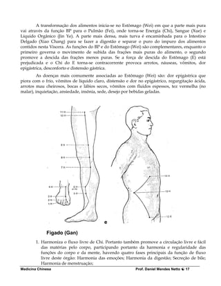 A transformação dos alimentos inicia-se no Estômago (Wei) em que a parte mais pura
vai através da função BP para o Pulmão (Fei), onde torna-se Energia (Chi), Sangue (Xue) e
Líquido Orgânico (Jin Ye). A parte mais densa, mais turva é encaminhada para o Intestino
Delgado (Xiao Chang) para se fazer a digestão e separar o puro do impuro dos alimentos
contidos nesta Víscera. As funções do BP e do Estômago (Wei) são complementares, enquanto o
primeiro governa o movimento de subida das frações mais puras do alimento, o segundo
promove a descida das frações menos puras. Se a força de descida do Estômago (E) está
prejudicada e o Chi do E torna-se contracorrente provoca arrotos, náuseas, vômitos, dor
epigástrica, desconforto e distensão gástrica.
         As doenças mais comumente associadas ao Estômago (Wei) são: dor epigástrica que
piora com o frio, vômitos de líquido claro, distensão e dor no epigástrico, regurgitação ácida,
arrotos mau cheirosos, bocas e lábios secos, vômitos com fluidos espessos, tez vermelha (no
malar), inquietação, ansiedade, insônia, sede, desejo por bebidas geladas.




                                           e

             Fígado (Gan)
        1. Harmoniza o fluxo livre de Chi. Portanto também promove a circulação livre e fácil
           das matérias pelo corpo, participando portanto da harmonia e regularidade das
           funções do corpo e da mente, havendo quatro fases principais da função de fluxo
           livre deste órgão: Harmonia das emoções; Harmonia da digestão; Secreção de bile;
           Harmonia de menstruação;
Medicina Chinesa                                           Prof. Daniel Mendes Netto   17
 