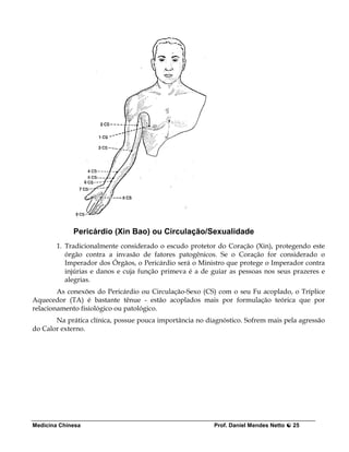 Pericárdio (Xin Bao) ou Circulação/Sexualidade
        1. Tradicionalmente considerado o escudo protetor do Coração (Xin), protegendo este
           órgão contra a invasão de fatores patogênicos. Se o Coração for considerado o
           Imperador dos Órgãos, o Pericárdio será o Ministro que protege o Imperador contra
           injúrias e danos e cuja função primeva é a de guiar as pessoas nos seus prazeres e
           alegrias.
        As conexões do Pericárdio ou Circulação-Sexo (CS) com o seu Fu acoplado, o Tríplice
Aquecedor (TA) é bastante tênue - estão acoplados mais por formulação teórica que por
relacionamento fisiológico ou patológico.
       Na prática clínica, possue pouca importância no diagnóstico. Sofrem mais pela agressão
do Calor externo.




Medicina Chinesa                                         Prof. Daniel Mendes Netto   25
 