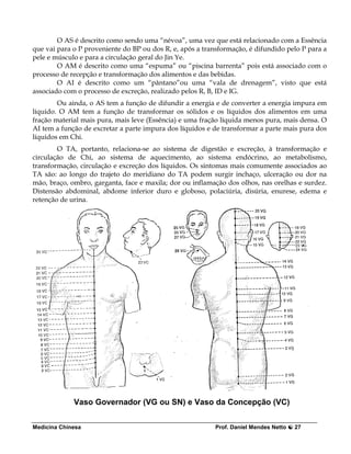 O AS é descrito como sendo uma “névoa”, uma vez que está relacionado com a Essência
que vai para o P proveniente do BP ou dos R, e, após a transformação, é difundido pelo P para a
pele e músculo e para a circulação geral do Jin Ye.
        O AM é descrito como uma “espuma” ou “piscina barrenta” pois está associado com o
processo de recepção e transformação dos alimentos e das bebidas.
        O AI é descrito como um “pântano”ou uma “vala de drenagem”, visto que está
associado com o processo de excreção, realizado pelos R, B, ID e IG.
        Ou ainda, o AS tem a função de difundir a energia e de converter a energia impura em
líquido. O AM tem a função de transformar os sólidos e os líquidos dos alimentos em uma
fração material mais pura, mais leve (Essência) e uma fração líquida menos pura, mais densa. O
AI tem a função de excretar a parte impura dos líquidos e de transformar a parte mais pura dos
líquidos em Chi.
        O TA, portanto, relaciona-se ao sistema de digestão e excreção, à transformação e
circulação de Chi, ao sistema de aquecimento, ao sistema endócrino, ao metabolismo,
transformação, circulação e excreção dos líquidos. Os sintomas mais comumente associados ao
TA são: ao longo do trajeto do meridiano do TA podem surgir inchaço, ulceração ou dor na
mão, braço, ombro, garganta, face e maxila; dor ou inflamação dos olhos, nas orelhas e surdez.
Distensão abdominal, abdome inferior duro e globoso, polaciúria, disúria, enurese, edema e
retenção de urina.




             Vaso Governador (VG ou SN) e Vaso da Concepção (VC)


Medicina Chinesa                                           Prof. Daniel Mendes Netto   27
 