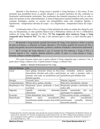 Quando o Yin decresce, o Yang cresce e quando o Yang decresce, o Yin cresce. É isso
portanto que possibilita haver as quatro estações e os quatro períodos do dia, conforme as
ilustrações anteriormente mostradas. Nas mudanças das estações passamos do frio ao calor e
deste novamente ao frio, alternadamente. A nossa temperatura corporal também sofre uma certa
variação fisiológica, porém, se ocorrer um desequilíbrio entre este complexo bipolar, a
hipertermia - temperatura elevada do corpo - ou a hipotermia - temperatura baixa do corpo -
surge.
        A interação entre o Yin e o Yang é a base primária de todas as uniões dos Zang Fu, por
isso, na Desarmonia, os dois padrões básicos são a Deficiência relativa de Yin e a Deficiência
realtiva de Yang. Mas segundo Su Wen, “O Yin exagerado deve tornar-se Yang, o Yang
exagerado deve tornar-se Yin”. Ou seja, o frio máximo gera o calor e o calor máximo gera o
frio1.
           Quando o Yang triunfa, quando há excesso de Yang, vê-se aparecer a febre, os poros
da pele se fecham, e a dispnéia se instala. Quando o Yin triunfa, quando há excesso de Yin, o
corpo está gelado; há suores abundantes, profusos, calafrios, frialdade e meteorismo abdominal.
            O excesso de Yang enferma o yin. O excesso de Yin enferma o Yang. O frio e o
inverno atacam o Yin - órgãos, abdome inferior e peito. O calor e o verão atacam o Yang -
vísceras, cabeça e costado (espalda).
         No corpo humano temos que a parte externa é Yang, enquanto que a interna é Yin. A
parte alta é Yang e a Baixa é Yin. A parte dorsal é Yang e a ventral é Yin.
                    Quadro 1- Sintomas de Desarmonia de Yin e Yang.

Tipo de Sintoma  Yin                                                            Yang
Geral            Face pálida, friorento, temor ao frio,                         Face vermelha, sente-se quente,
                 desconforto aliviado pelo calor e pela                         temor ao calor e pressão, sede e
                 pressão, sem sede ou preferência por                           preferência por bebidas frias
                 bebidas quentes
Energia          Cansado, fraco                                                 Potente, inquieto
Comportamento Menos ativo, quieto, retraído                                     Mais ativo, barulhento, atirado
Respiração e Voz Respiração pouco profunda e fraca,                             Respiração pesada e profunda, voz
                 voz fraca                                                      rude e alta
Digestão         Apetite      reduzido,       distensão                         Apetite aumentado, dor em
                 abdominal                                                      queimação no epigástrico
Excreção         Urina abundante, clara, diarréia                               Urina escassa, escura, constipação
Reprodução       Menos        ativo        sexualmente,                         Mais        ativo       sexualmente,
                 menstruação pálida escassa, leucorréia                         menstruação vermelha intensa,
                 branca                                                         leucorréia amarela




1   Grande parte dos conceitos esboçados nesta apostila são excertos retirados do livro: O Diagnóstico Na Medicina Chinesa, de
    autoria de B. Auteroche e P. Navailh, da Organização Andrei Editora Ltda., de 1992. Também foram utilizados excertos do
    livro: Acupuntura: teoria y practica. La antigua terapeutica china al alcance del medico practico, de David J. Sussmann, 5ª
    ed., Editorial Kier S.A., 1981.
Medicina Chinesa                                                                  Prof. Daniel Mendes Netto         3
 