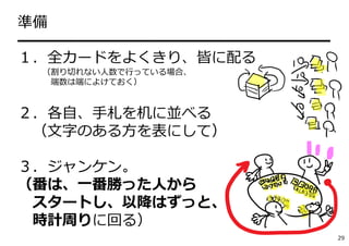 準備
━━━━━━━━━━━━━━━━━━━━━
１．全カードをよくきり、皆に配る
（割り切れない⼈数で⾏っている場合、
端数は端によけておく）
２．各⾃、⼿札を机に並べる
（⽂字のある⽅を表にして）
３．ジャンケン。
（番は、⼀番勝った⼈から
スタートし、以降はずっと、
時計周りに回る）
29
 