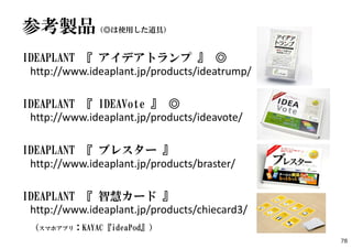 参考製品（◎は使用した道具）
IDEAPLANT 『 アイデアトランプ 』 ◎
http://www.ideaplant.jp/products/ideatrump/
IDEAPLANT 『 IDEAVote 』 ◎
http://www.ideaplant.jp/products/ideavote/
IDEAPLANT 『 ブレスター 』
http://www.ideaplant.jp/products/braster/
IDEAPLANT 『 智慧カード 』
http://www.ideaplant.jp/products/chiecard3/
（スマホアプリ：KAYAC『ideaPod』）
78
 