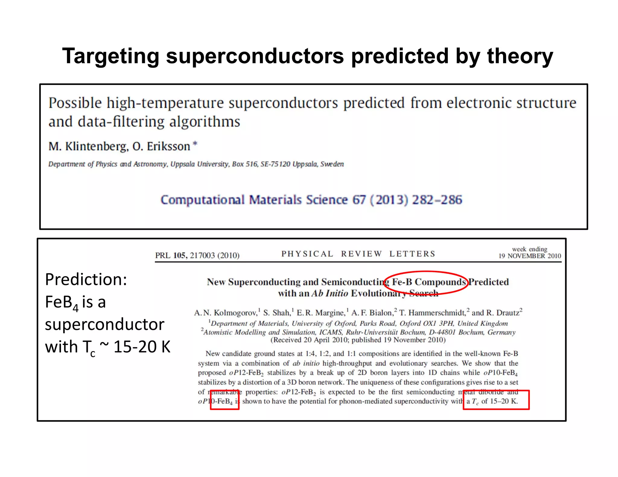 Targeting superconductors predicted by theory
Prediction:
FeB4 is a 
superconductor 
with Tc ~ 15‐20 K
 