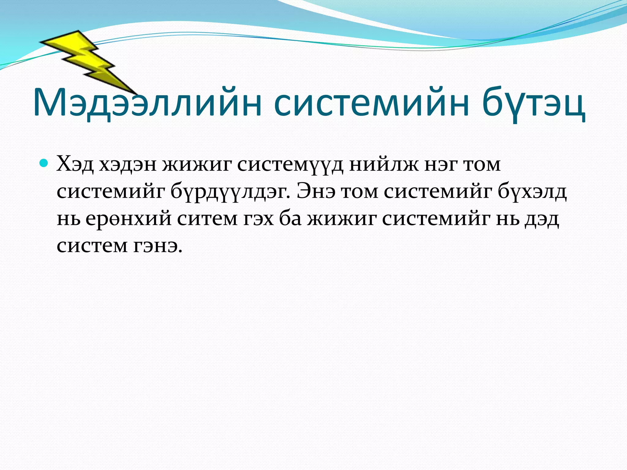 Мэдээллийн системийн бүтэц
 Хэд хэдэн жижиг системүүд нийлж нэг том

системийг бүрдүүлдэг. Энэ том системийг бүхэлд
нь ерөнхий ситем гэх ба жижиг системийг нь дэд
систем гэнэ.

 