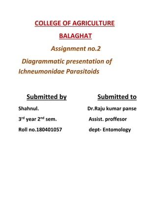 COLLEGE OF AGRICULTURE
BALAGHAT
Assignment no.2
Diagrammatic presentation of
Ichneumonidae Parasitoids
Submitted by Submitted to
Shahnul. Dr.Raju kumar panse
3rd year 2nd sem. Assist. proffesor
Roll no.180401057 dept- Entomology
 