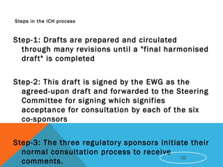  Steps in the ICH process
Step-1: Drafts are prepared and circulated
through many revisions until a "final harmonised
draft" is completed
Step-2: This draft is signed by the EWG as the
agreed-upon draft and forwarded to the Steering
Committee for signing which signifies
acceptance for consultation by each of the six
co-sponsors
Step-3: The three regulatory sponsors initiate their
normal consultation process to receive
comments. 10
 