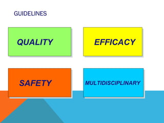 GUIDELINES
MULTIDISCIPLINARYMULTIDISCIPLINARY
EFFICACYEFFICACY
SAFETYSAFETY
QUALITYQUALITY
 