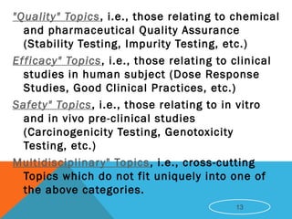 "Quality" Topics, i.e., those relating to chemical
and pharmaceutical Quality Assurance
(Stability Testing, Impurity Testing, etc.)
Efficacy" Topics, i.e., those relating to clinical
studies in human subject (Dose Response
Studies, Good Clinical Practices, etc.)
Safety" Topics, i.e., those relating to in vitro
and in vivo pre-clinical studies
(Carcinogenicity Testing, Genotoxicity
Testing, etc.)
Multidisciplinary" Topics, i.e., cross-cutting
Topics which do not fit uniquely into one of
the above categories.
13
 