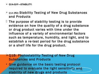  Q1A-Q1F---STABILITY:
 Q1A (R2): Stability Testing of New Drug Substances
and Products
 The purpose of stability testing is to provide
evidence on how the quality of a drug substance
or drug product varies with time under the
influence of a variety of environmental factors
such as temperature, humidity, and light, and to
establish a re-test period for the drug substance
or a shelf life for the drug product.
Q1B: Photostability Testing of New Drug
Substances and Products
• Give guidance on the basic testing protocol
required to evaluate the light sensitivity and
stability of new drugs and products
15
 