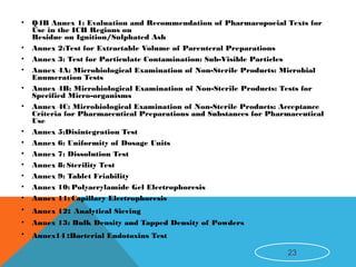 • Q4B Annex 1: Evaluation and Recommendation of Pharmacopoeial Texts for
Use in the ICH Regions on
Residue on Ignition/Sulphated Ash
• Annex 2:Test for Extractable Volume of Parenteral Preparations
• Annex 3: Test for Particulate Contamination: Sub-Visible Particles
• Annex 4A: Microbiological Examination of Non-Sterile Products: Microbial
Enumeration Tests
• Annex 4B: Microbiological Examination of Non-Sterile Products: Tests for
Specified Micro-organisms
• Annex 4C: Microbiological Examination of Non-Sterile Products: Acceptance
Criteria for Pharmaceutical Preparations and Substances for Pharmaceutical
Use
• Annex 5:Disintegration Test
• Annex 6: Uniformity of Dosage Units
• Annex 7: Dissolution Test
• Annex 8: Sterility Test
• Annex 9: Tablet Friability
• Annex 10: Polyacrylamide Gel Electrophoresis
• Annex 11: Capillary Electrophoresis
• Annex 12: Analytical Sieving
• Annex 13: Bulk Density and Tapped Density of Powders
• Annex14 :Bacterial Endotoxins Test
23
 