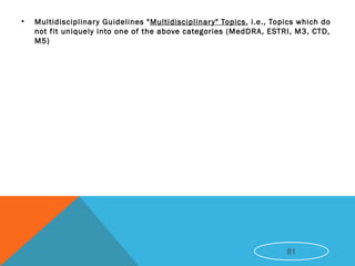 • Multidisciplinary Guidelines "Multidisciplinary" Topics, i.e., Topics which do
not fit uniquely into one of the above categories (MedDRA, ESTRI, M3, CTD,
M5)
81
 