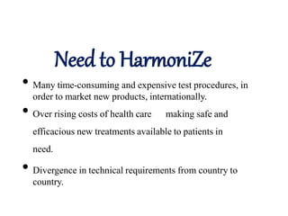Need to HarmoniZe
• Many time-consuming and expensive test procedures, in
order to market new products, internationally.
• Over rising costs of health care making safe and
efficacious new treatments available to patients in
need.
• Divergence in technical requirements from country to
country.
 
