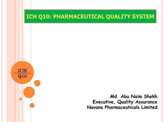 ICH Q10: PHARMACEUTICAL QUALITY SYSTEM
Md. Abu Naim Shekh
Executive, Quality Assurance
Navana Pharmaceuticals Limited
ICH
Q10
 