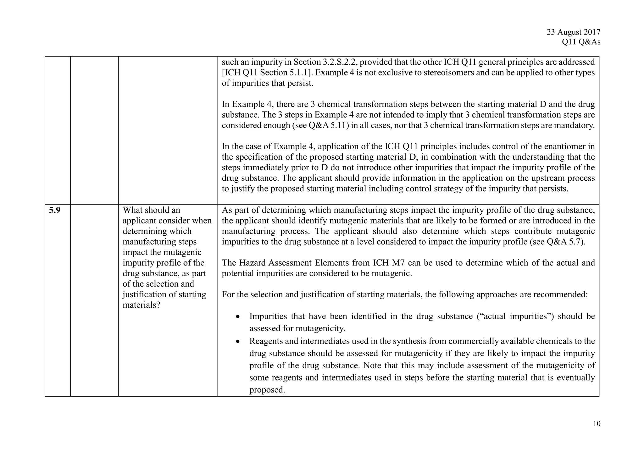 23 August 2017
Q11 Q&As
10
such an impurity in Section 3.2.S.2.2, provided that the other ICH Q11 general principles are addressed
[ICH Q11 Section 5.1.1]. Example 4 is not exclusive to stereoisomers and can be applied to other types
of impurities that persist.
In Example 4, there are 3 chemical transformation steps between the starting material D and the drug
substance. The 3 steps in Example 4 are not intended to imply that 3 chemical transformation steps are
considered enough (see Q&A5.11) in all cases, nor that 3 chemical transformation steps are mandatory.
In the case of Example 4, application of the ICH Q11 principles includes control of the enantiomer in
the specification of the proposed starting material D, in combination with the understanding that the
steps immediately prior to D do not introduce other impurities that impact the impurity profile of the
drug substance. The applicant should provide information in the application on the upstream process
to justify the proposed starting material including control strategy of the impurity that persists.
5.9 What should an
applicant consider when
determining which
manufacturing steps
impact the mutagenic
impurity profile of the
drug substance, as part
of the selection and
justification of starting
materials?
As part of determining which manufacturing steps impact the impurity profile of the drug substance,
the applicant should identify mutagenic materials that are likely to be formed or are introduced in the
manufacturing process. The applicant should also determine which steps contribute mutagenic
impurities to the drug substance at a level considered to impact the impurity profile (see Q&A 5.7).
The Hazard Assessment Elements from ICH M7 can be used to determine which of the actual and
potential impurities are considered to be mutagenic.
For the selection and justification of starting materials, the following approaches are recommended:
 Impurities that have been identified in the drug substance (“actual impurities”) should be
assessed for mutagenicity.
 Reagents and intermediates used in the synthesis from commercially available chemicals to the
drug substance should be assessed for mutagenicity if they are likely to impact the impurity
profile of the drug substance. Note that this may include assessment of the mutagenicity of
some reagents and intermediates used in steps before the starting material that is eventually
proposed.
 