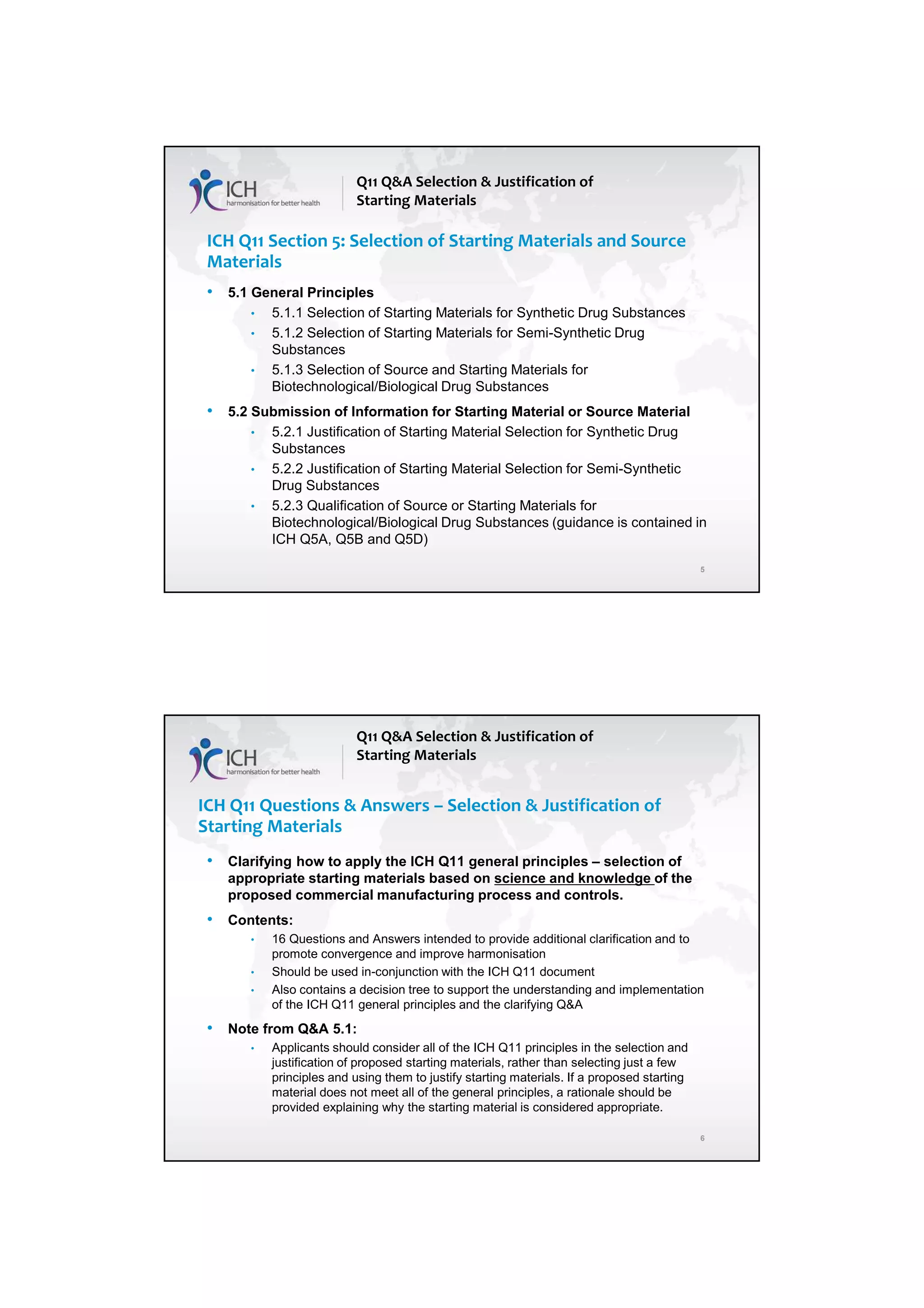 7/20/2018
3
5
ICH Q11 Section 5: Selection of Starting Materials and Source
Materials
• 5.1 General Principles
• 5.1.1 Selection of Starting Materials for Synthetic Drug Substances
• 5.1.2 Selection of Starting Materials for Semi-Synthetic Drug
Substances
• 5.1.3 Selection of Source and Starting Materials for
Biotechnological/Biological Drug Substances
• 5.2 Submission of Information for Starting Material or Source Material
• 5.2.1 Justification of Starting Material Selection for Synthetic Drug
Substances
• 5.2.2 Justification of Starting Material Selection for Semi-Synthetic
Drug Substances
• 5.2.3 Qualification of Source or Starting Materials for
Biotechnological/Biological Drug Substances (guidance is contained in
ICH Q5A, Q5B and Q5D)
Q11 Q&A Selection & Justification of
Starting Materials
6
ICH Q11 Questions & Answers – Selection & Justification of
Starting Materials
• Clarifying how to apply the ICH Q11 general principles – selection of
appropriate starting materials based on science and knowledge of the
proposed commercial manufacturing process and controls.
• Contents:
• 16 Questions and Answers intended to provide additional clarification and to
promote convergence and improve harmonisation
• Should be used in-conjunction with the ICH Q11 document
• Also contains a decision tree to support the understanding and implementation
of the ICH Q11 general principles and the clarifying Q&A
• Note from Q&A 5.1:
• Applicants should consider all of the ICH Q11 principles in the selection and
justification of proposed starting materials, rather than selecting just a few
principles and using them to justify starting materials. If a proposed starting
material does not meet all of the general principles, a rationale should be
provided explaining why the starting material is considered appropriate.
Q11 Q&A Selection & Justification of
Starting Materials
 