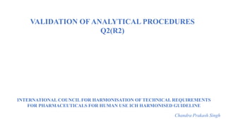 INTERNATIONAL COUNCIL FOR HARMONISATION OF TECHNICAL REQUIREMENTS
FOR PHARMACEUTICALS FOR HUMAN USE ICH HARMONISED GUIDELINE
Chandra Prakash Singh
VALIDATION OF ANALYTICAL PROCEDURES
Q2(R2)
 