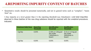 8
4.REPORTING IMPURITY CONTENT OF BATCHES
• Quantitative results should be presented numerically, and not in general terms such as “complies”, “meets
limit” etc.
1.Any impurity at a level greater than (>) the reporting threshold (see Attachment ) and total impurities
observed in these batches of the new drug substance should be reported with the analytical procedures
indicated.
Maximum Daily Dose Reporting
Threshold
Identification
Threshold
Qualification
Threshold
< 2g/day 0.05% 0.10% or 1.0mg per
day intake
( whichever is
lower)
0.15 or 1.0 mg per
day intake
(whichever is
lower)
> 2g/day 0.03% 0.05% 0.05%
 