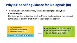 Why ICH specific guidance for Biologicals (III)
• The evaluation of stability may necessitate complex analytical
methodologies
• Physicochemical tests alone are insufficient to characterize the product
sufficiently to permit prediction of the biological activity
• Physicochemical
• Biochemical methods
• Immunochemical
• assay for biological activity
• analysis of molecular entity
• quantitative detection of
degradation products
 