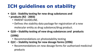 ICH guidelines on stability
• Q1A - Stability testing for new drug substances and
• products (R2 - 2003)
• PARENT GUIDELINE.
• Defines the stability data package for registration of a new
molecular entity as drug substance/drug product.
• Q1B – Stability testing of new drug substances and products
(1996)
• Recommendations on photostability testing
• Q1C – Stability testing for new dosage forms (1996)
• Recommendations on new dosage forms for authorised medicinal
products
 