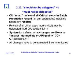 Dr. Nandkumar Chodankar- Asolution Pharmaceutical Pvt. Ltd
2.22: “should not be delegated” vs
“must not be delegated”
•  QU “must” review of all Critical steps in Batch
Production record (all unit operations) including
laboratory records
•  Review of all other steps (non critical) may be
delegated (ICH Q7, section 6.71)
•  System for defining what changes are likely to
“impact intermediate or API quality” (ICH
Q7,section 6.71)
•  All changes have to be evaluated & communicated
14	
  August	
  1st	
  2013	
  
 