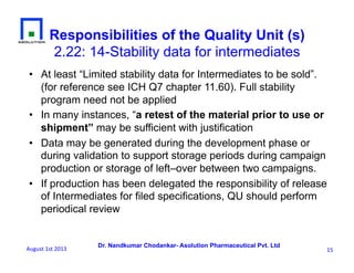 Dr. Nandkumar Chodankar- Asolution Pharmaceutical Pvt. Ltd
Responsibilities of the Quality Unit (s)
2.22: 14-Stability data for intermediates
•  At least “Limited stability data for Intermediates to be sold”.
(for reference see ICH Q7 chapter 11.60). Full stability
program need not be applied
•  In many instances, “a retest of the material prior to use or
shipment” may be sufficient with justification
•  Data may be generated during the development phase or
during validation to support storage periods during campaign
production or storage of left–over between two campaigns.
•  If production has been delegated the responsibility of release
of Intermediates for filed specifications, QU should perform
periodical review
15	
  August	
  1st	
  2013	
  
 