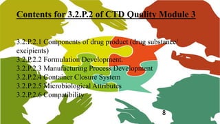 Contents for 3.2.P.2 of CTD Quality Module 3
3.2.P.2.1 Components of drug product (drug substance/
excipients)
3.2.P.2.2 Formulation Development.
3.2.P.2.3 Manufacturing Process Development
3.2.P.2.4 Container Closure System
3.2.P.2.5 Microbiological Attributes
3.2.P.2.6 Compatibility
8
 