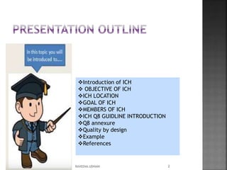 Introduction of ICH
 OBJECTIVE OF ICH
ICH LOCATION
GOAL OF ICH
MEMBERS OF ICH
ICH Q8 GUIDLINE INTRODUCTION
Q8 annexure
Quality by design
Example
References
2RAVEENA.UDHANI
 