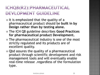  It is emphasized that the quality of a
pharmaceutical product should be built in by
Design rather than by testing alone.
 The ICH Q8 guideline describes Good Practices
for pharmaceutical product Development.
 The pharmaceutical industry is one of the most
strictly regulated and its products are of
excellent quality.
 Qbd assures the quality of a pharmaceutical
product through scientific development and risk
management tools and will eventually enable
real-time release .regardless of the formulation
type.
20RAVEENA.UDHANI
 