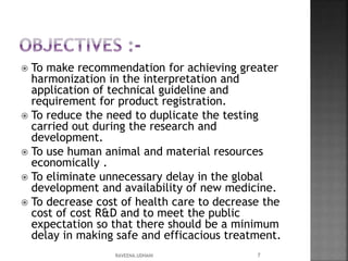  To make recommendation for achieving greater
harmonization in the interpretation and
application of technical guideline and
requirement for product registration.
 To reduce the need to duplicate the testing
carried out during the research and
development.
 To use human animal and material resources
economically .
 To eliminate unnecessary delay in the global
development and availability of new medicine.
 To decrease cost of health care to decrease the
cost of cost R&D and to meet the public
expectation so that there should be a minimum
delay in making safe and efficacious treatment.
RAVEENA.UDHANI 7
 