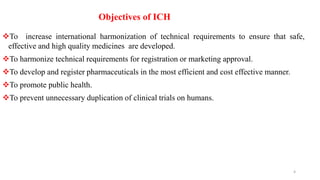 To increase international harmonization of technical requirements to ensure that safe,
effective and high quality medicines are developed.
To harmonize technical requirements for registration or marketing approval.
To develop and register pharmaceuticals in the most efficient and cost effective manner.
To promote public health.
To prevent unnecessary duplication of clinical trials on humans.
Objectives of ICH
4
 