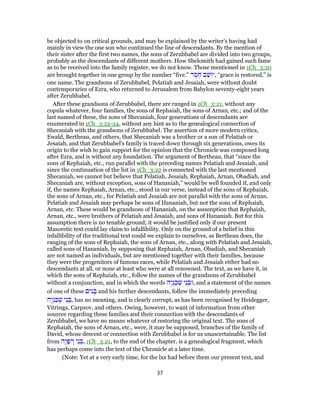 be objected to on critical grounds, and may be explained by the writer's having had
mainly in view the one son who continued the line of descendants. By the mention of
their sister after the first two names, the sons of Zerubbabel are divided into two groups,
probably as the descendants of different mothers. How Shelomith had gained such fame
as to be received into the family register, we do not know. Those mentioned in 1Ch_3:20
are brought together in one group by the number “five.” ‫ד‬ ֶ‫ס‬ ֶ‫ח‬ ‫ב‬ַ‫,יוּשׁ‬ “grace is restored,” is
one name. The grandsons of Zerubbabel, Pelatiah and Jesaiah, were without doubt
contemporaries of Ezra, who returned to Jerusalem from Babylon seventy-eight years
after Zerubbabel.
After these grandsons of Zerubbabel, there are ranged in 1Ch_3:21, without any
copula whatever, four families, the sons of Rephaiah, the sons of Arnan, etc.; and of the
last named of these, the sons of Shecaniah, four generations of descendants are
enumerated in 1Ch_3:22-24, without any hint as to the genealogical connection of
Shecaniah with the grandsons of Zerubbabel. The assertion of more modern critics,
Ewald, Bertheau, and others, that Shecaniah was a brother or a son of Pelatiah or
Jesaiah, and that Zerubbabel's family is traced down through six generations, owes its
origin to the wish to gain support for the opinion that the Chronicle was composed long
after Ezra, and is without any foundation. The argument of Bertheau, that “since the
sons of Rephaiah, etc., run parallel with the preceding names Pelatiah and Jesaiah, and
since the continuation of the list in 1Ch_3:22 is connected with the last mentioned
Shecaniah, we cannot but believe that Pelatiah, Jesaiah, Rephaiah, Arnan, Obadiah, and
Shecaniah are, without exception, sons of Hananiah,” would be well founded if, and only
if, the names Rephaiah, Arnan, etc., stood in our verse, instead of the sons of Rephaiah,
the sons of Arnan, etc., for Pelatiah and Jesaiah are not parallel with the sons of Arnan.
Pelatiah and Jesaiah may perhaps be sons of Hananiah, but not the sons of Rephaiah,
Arnan, etc. These would be grandsons of Hananiah, on the assumption that Rephaiah,
Arnan, etc., were brothers of Pelatiah and Jesaiah, and sons of Hananiah. But for this
assumption there is no tenable ground; it would be justified only if our present
Masoretic text could lay claim to infallibility. Only on the ground of a belief in this
infallibility of the traditional text could we explain to ourselves, as Bertheau does, the
ranging of the sons of Rephaiah, the sons of Arnan, etc., along with Pelatiah and Jesaiah,
called sons of Hananiah, by supposing that Rephaiah, Arnan, Obadiah, and Shecaniah
are not named as individuals, but are mentioned together with their families, because
they were the progenitors of famous races, while Pelatiah and Jesaiah either had no
descendants at all, or none at least who were at all renowned. The text, as we have it, in
which the sons of Rephaiah, etc., follow the names of the grandsons of Zerubbabel
without a conjunction, and in which the words ‫ָה‬‫י‬ְ‫נ‬ַ‫כ‬ ְ‫שׁ‬ ‫ֵי‬‫נ‬ ְ‫,וּב‬ and a statement of the names
of one of these ‫ים‬ִ‫נ‬ ָ‫בּ‬ and his further descendants, follow the immediately preceding
‫ָה‬‫י‬ְ‫נ‬ַ‫כ‬ ְ‫שׁ‬ ‫ֵי‬‫נ‬ ְ‫,בּ‬ has no meaning, and is clearly corrupt, as has been recognised by Heidegger,
Vitringa, Carpzov, and others. Owing, however, to want of information from other
sources regarding these families and their connection with the descendants of
Zerubbabel, we have no means whatever of restoring the original text. The sons of
Rephaiah, the sons of Arnan, etc., were, it may be supposed, branches of the family of
David, whose descent or connection with Zerubbabel is for us unascertainable. The list
from ‫ָה‬‫י‬ָ‫פ‬ ְ‫ר‬ ‫ֵי‬‫נ‬ ְ‫,בּ‬ 1Ch_3:21, to the end of the chapter, is a genealogical fragment, which
has perhaps come into the text of the Chronicle at a later time.
(Note: Yet at a very early time, for the lxx had before them our present text, and
37
 