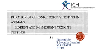 Presented by
T. Mounika Gayathri
M.S.PHARM
NIPER
DURATION OF CHRONIC TOXICITY TESTING IN
ANIMALS
(RODENT AND NON-RODENT TOXICITY
TESTING)
S4 1
 