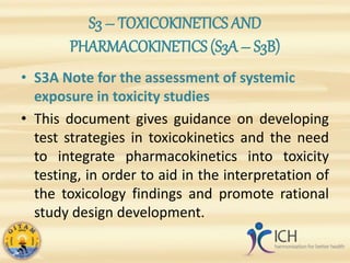 S3 – TOXICOKINETICS AND
PHARMACOKINETICS (S3A – S3B)
• S3A Note for the assessment of systemic
exposure in toxicity studies
• This document gives guidance on developing
test strategies in toxicokinetics and the need
to integrate pharmacokinetics into toxicity
testing, in order to aid in the interpretation of
the toxicology findings and promote rational
study design development.
 